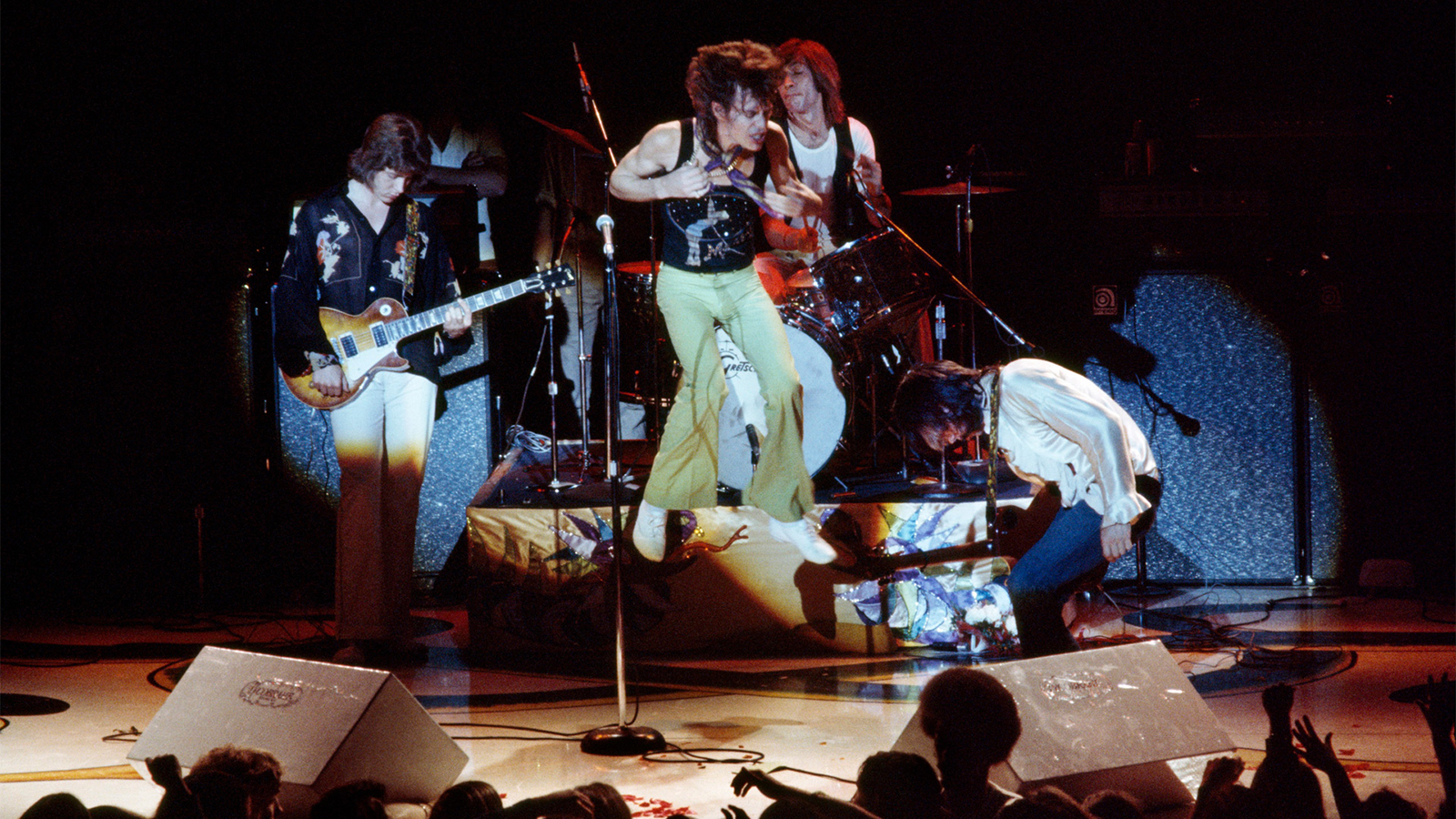 Mick Taylor, Mick Jagger, Keith Richards,and Charlie Watts on stage, 1972