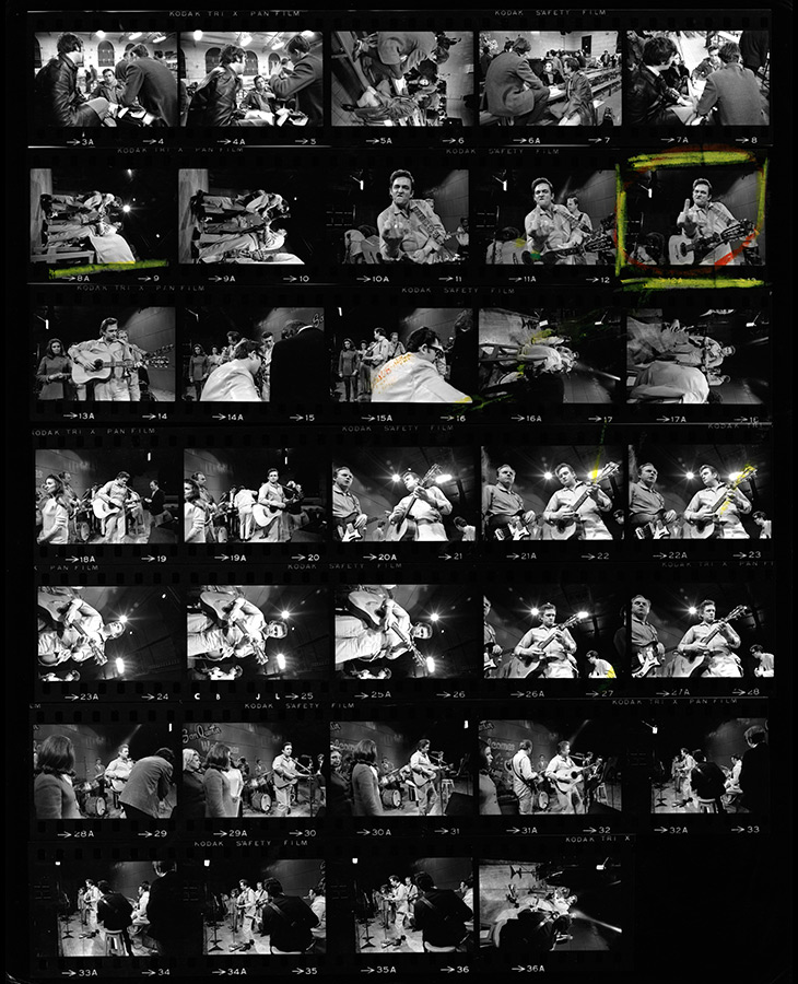 Cash flipping the bird proof sheet, San Quentin Prison, 1969